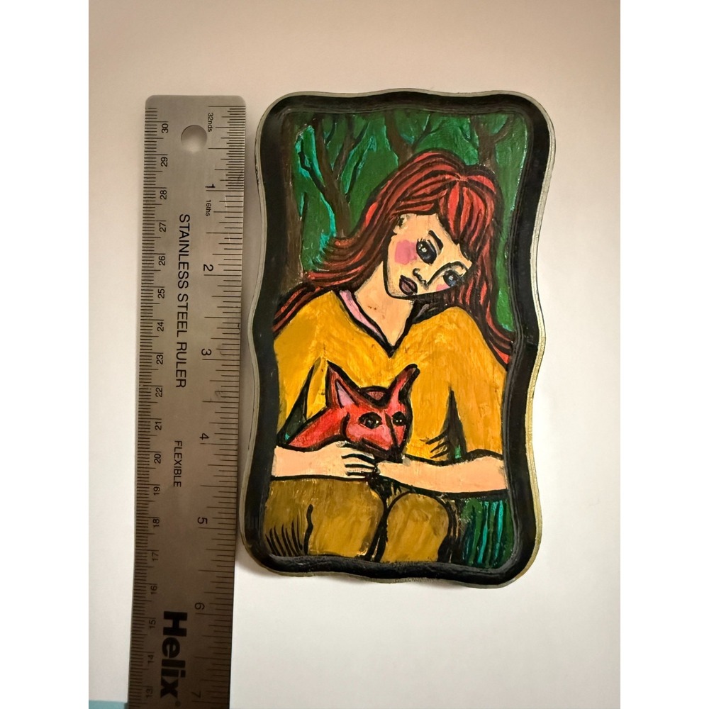 Girl with Fox - Original Painting by Janeane Wilbur on Wood 3" x 5.5" handmade - Picture 4 of 7